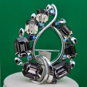 Smoke and Clear Aurora Borealis AB Rhinestone Swirl Brooch Vintage Signed Lisner
